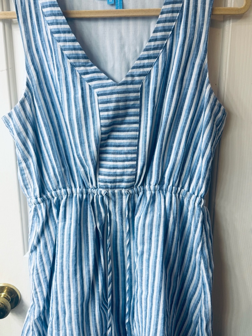 Draper James Blue and White Vertical Stripe V-Neck Dress